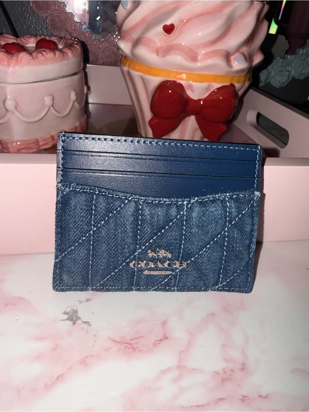 Coach Quilted Denim Card Case in Blue with Navy Trim